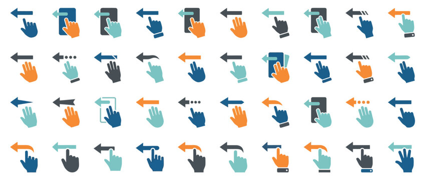 Flat vector icon of a hand gesture swiping to the left for mobile UI design
