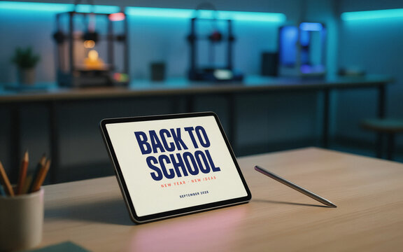 Digital tablet displaying Back to School text on screen inside modern high-tech STEM classroom. E-learning and educational technology concept.
