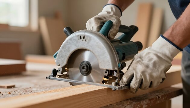 Professional carpenter cutting thick timber plank using electric circular saw inside workshop setting with close perspective craftsman wooden board woodworking