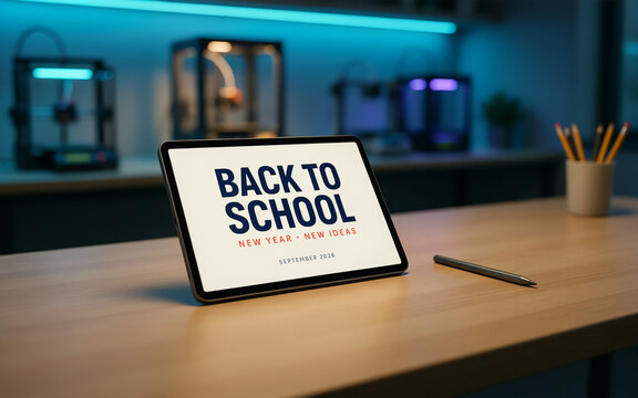 Digital tablet displaying Back to School text on screen inside modern high-tech STEM classroom. E-learning and educational technology concept.