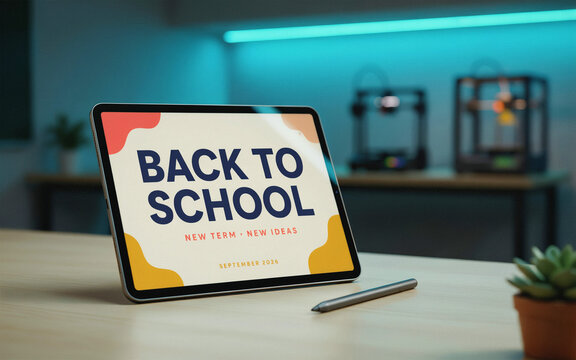 Digital tablet displaying Back to School text on screen inside modern high-tech STEM classroom. E-learning and educational technology concept.