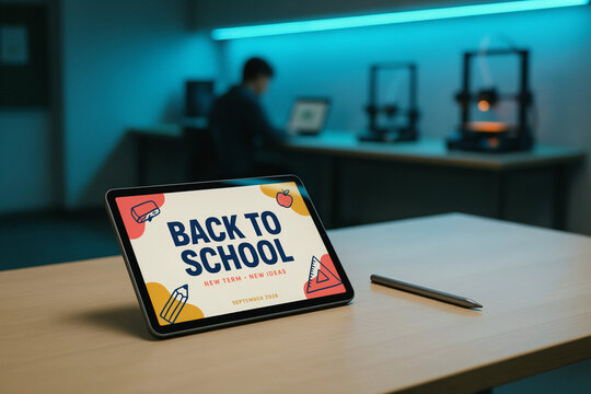 Digital tablet displaying Back to School text on screen inside modern high-tech STEM classroom. E-learning and educational technology concept.