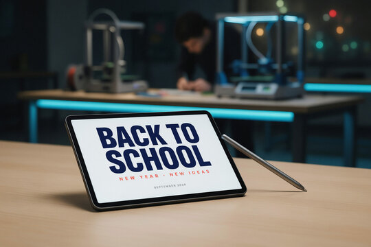 Digital tablet displaying Back to School text on screen inside modern high-tech STEM classroom. E-learning and educational technology concept.