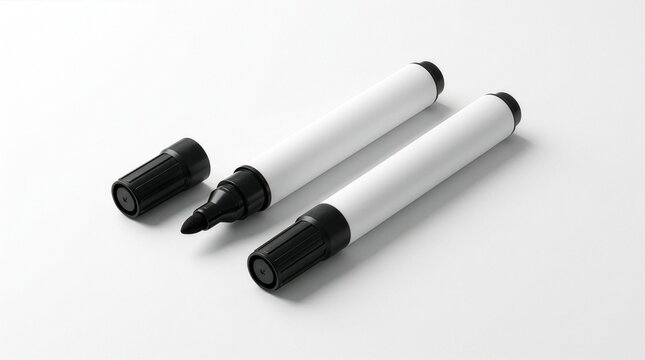 Two blank white permanent markers mockup with black caps.