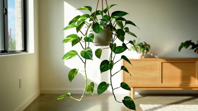 Hanging pothos plant in minimalist bright living room.