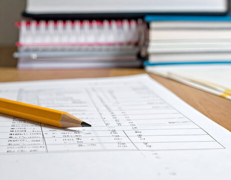 Yellow pencil resting on a printed form with tables, blurred stacked notebooks and binders in the , organized office workspace, business paperwork.