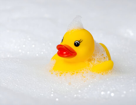 Bright yellow rubber duck sitting in a thick layer of white soap bubbles and bath foam, isolated on a clean white surface, commercial hygiene and skincare theme.