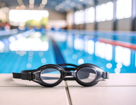 Black swimming goggles resting on tiled pool edge, blurred indoor competition swimming pool lane lines, exercise gear, swimming equipment, aquatic sports training.