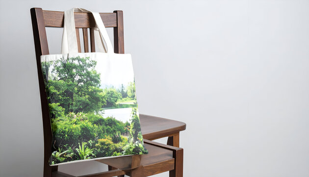 Tote bag with nature print hanging on a rustic wooden chair. Canvas fabric accessory, shopping bag mockup, sustainable fashion, product placement, isolated.