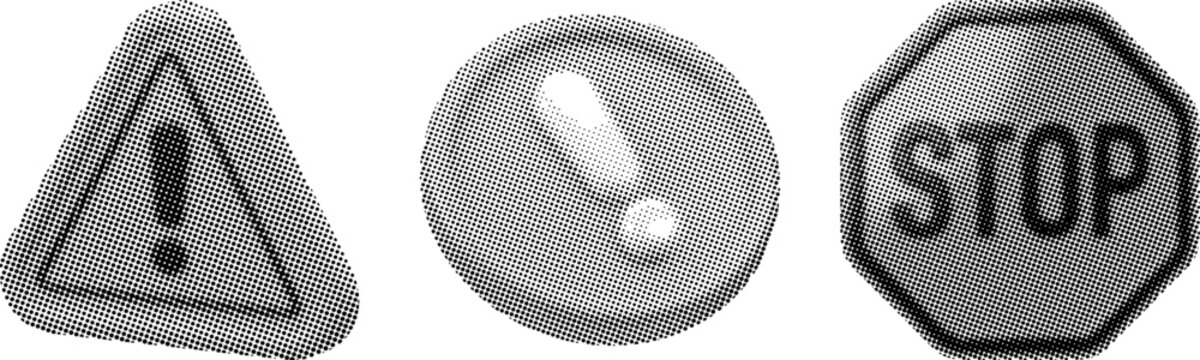 Collection of stylized traffic signs including warning and stop signs rendered in a halftone dot pattern