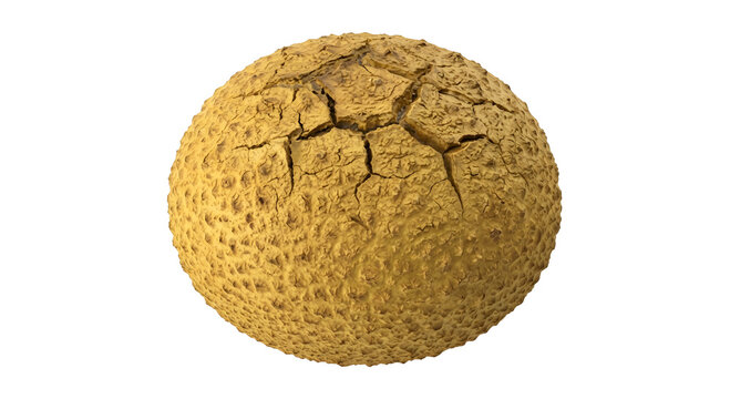 Round puffball mushroom with cracked yellowish-brown textured surface isolated on transparent background PNG.