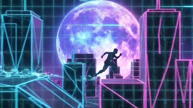 Silhouette of a man jumping over a neon city with a giant purple moon background loop footage