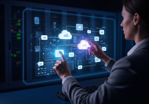 Woman interacting with cloud network system