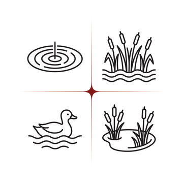 Set of pond and nature icons with duck and reeds