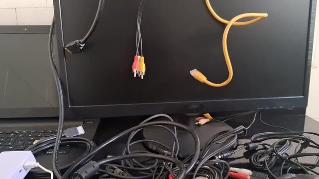 Messy computer cables on a desk. Tangled electronic wires and cords on a PC keyboard.