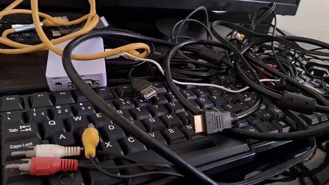 Messy computer desk with cables and coins. Cluttered workspace with electronic hardware.
