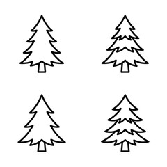 Obraz premium Four simple black and white outline illustrations of evergreen pine trees.
