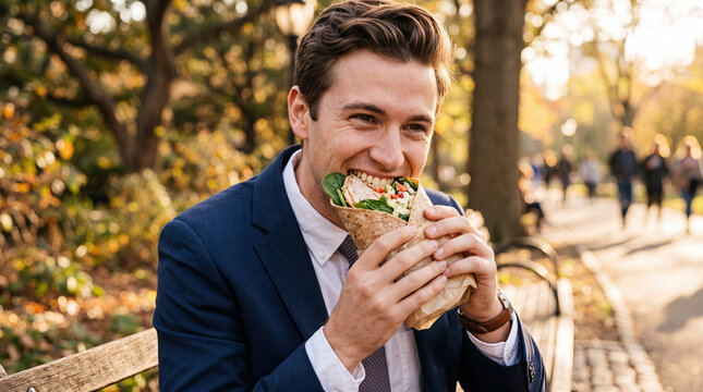 Turkey wrap man bite park bench suit lunch smile outdoor food close up of happy adult eating fresh tortilla sandwich on sunny path