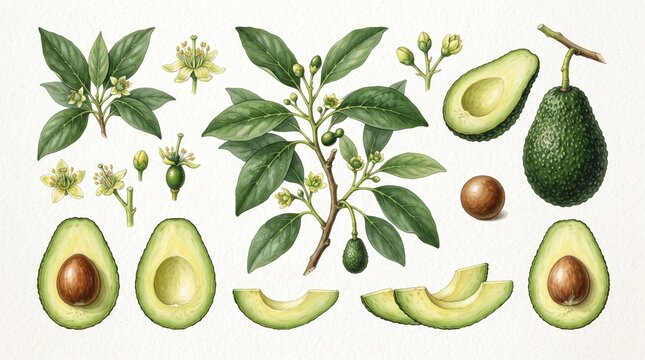 Botanical Avocado Watercolor Collection with Fruit Leaves Blossoms and Branches