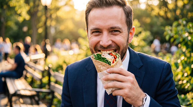 Man turkey wrap bite park smiling lunch food sandwich man biting turkey wrap while smiling in sunny urban park with fresh vegetable filling, casual outdoor meal, happy adult male eating snack