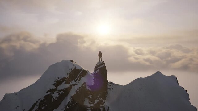 A Man Standing Victorious on a Snow-Capped Mountain Peak with Golden Sunlight, 3D Render