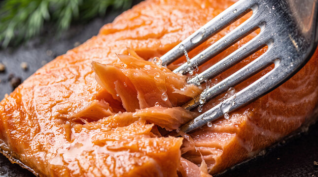 Smoked salmon fork flaky fish close up seafood fillet orange cooked texture close up of fork breaking apart tender flaky piece with savory meal detail