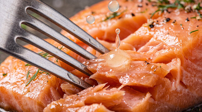 Smoked salmon fork flaky fish close up, tender orange seafood with herb, pepper, oil, and moisture as metal utensil break apart cooked fillet texture