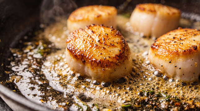 Seared scallop pan oil macro seafood butter golden cooking seared scallop sizzling in hot pan with oil and herb close up gourmet seafood