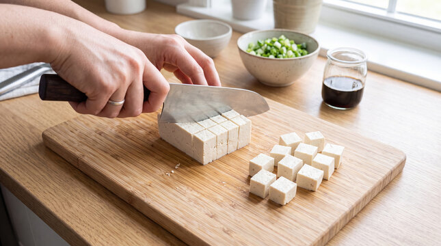 Tofu cube knife cutting board hand kitchen soy food vegan preparation, firm tofu cubed with stainless steel knife on wooden board near bowl, jar, and window for plant based cooking