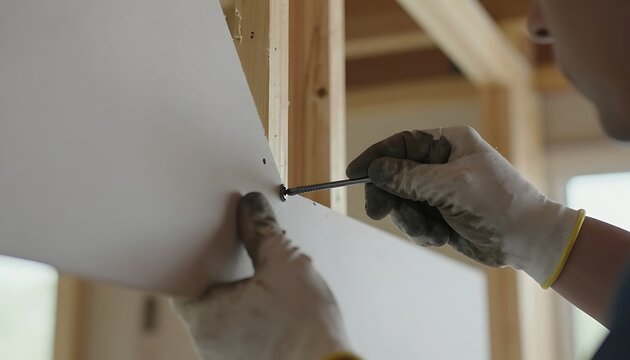 Construction worker fastening drywall panel to wooden stud frame during interior home renovation project with perspective worker wearing wearing gloves securing