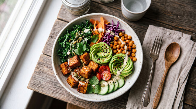 Vegan protein bowl tempeh avocado chickpea kale cucumber carrot cabbage overhead meal with colorful vegetable on rustic wooden table