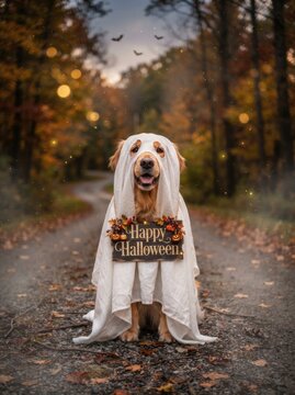 Adorable golden retriever in halloween costume festive 'happy halloween' scene for fall holiday greetings decorations