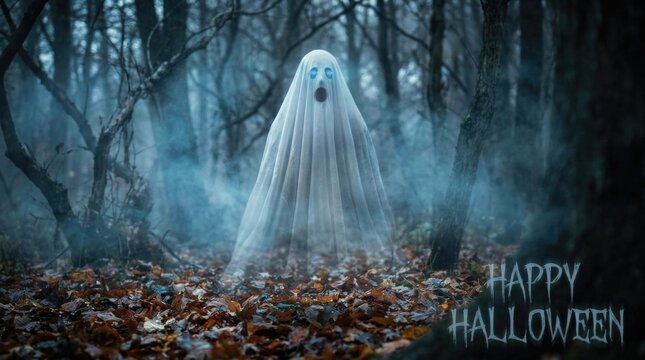 Spooky happy halloween ghost in forest eerie halloween scene for decorations parties and digital designs