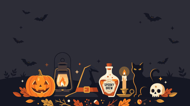 Halloween spooky objects composition with pumpkin black cat and copy space