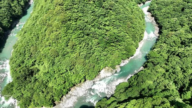 Aerial View of Hinoji Valley and the Meandering Yoshino River in Tokushima, Japan	