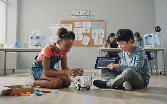 Diverse Kids Programming Robot in STEM Classroom | Elementary School Children Learning Robotics, Coding, and Technology Education in Modern Science Lab