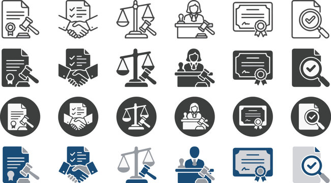 Minimal Legal Document Judge Gavel Icon Set Collection Outline Filled Glyph Flat Color Court Justice Law Editable Vector Isolated on White Background