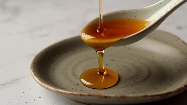 Honey being poured from a spoon onto a ceramic plate
