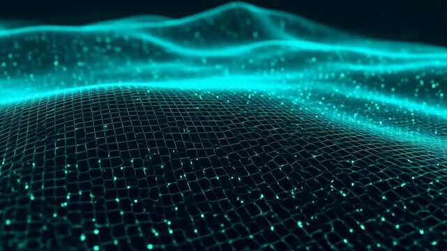 Abstract digital wave pattern with glowing teal particles and grid structure