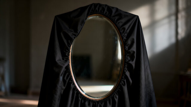 A mirror completely covered and bound with black cloth, no reflection.