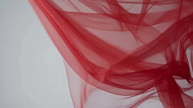 Red translucent fabric flowing gracefully in the air against a neutral background