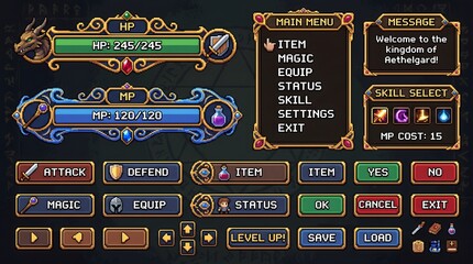 Naklejka premium Detailed fantasy RPG interface showing HP, MP, menu, and action buttons.