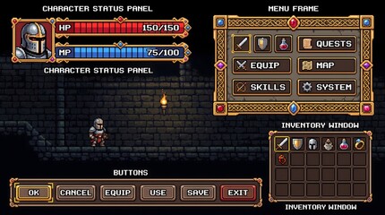 Naklejka premium Detailed pixel art RPG interface with health bars, menu, and inventory.