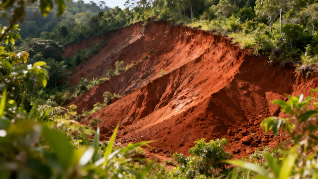 Hillside landscape contrasting rust-red bauxite soil with lush green vegetation, wide view.