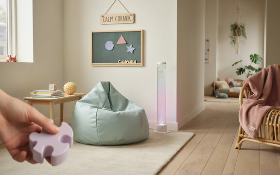 Sensory Calm Down Corner in Elementary School Classroom | Neurodivergent Student Support Room with Cozy Bean Bag, Sensory Toys, and Relaxing Light Projector