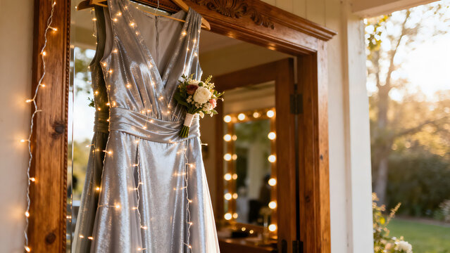 tulle. Silvery formal dress fabric draped on mirror with string lights and corsage, celebration decor concept, lifestyle magazines.
