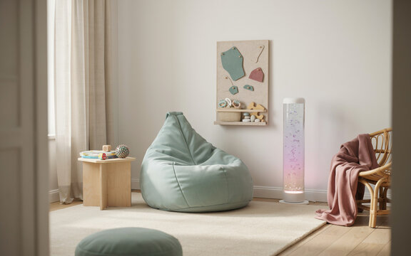 Sensory Calm Down Corner in Elementary School Classroom | Neurodivergent Student Support Room with Cozy Bean Bag, Sensory Toys, and Relaxing Light Projector