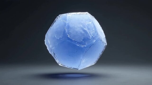 A rotating blue crystalline sphere with a faceted surface, suspended in a dark environment.