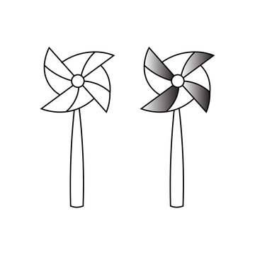 Simple paper pinwheel icon, childhood toy graphic outline and monochrome shaded vector.