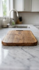 Fototapeta premium Wooden cutting board on a kitchen counter.